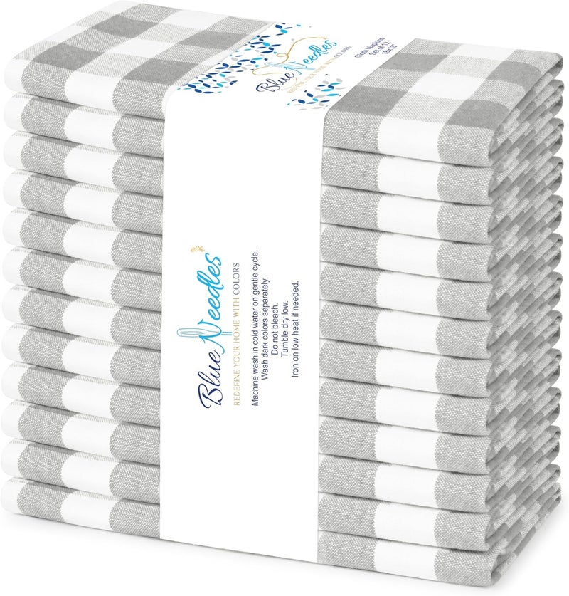 Blue Needles Gingham Buffalo Plaid Cloth Napkins 100% Cotton Set of 12 Dinner Table Napkins 18x18 inch Soft, Reusable, Washable Perfect for Wedding Parties & Everyday Use - Ash Grey & White - Image 1